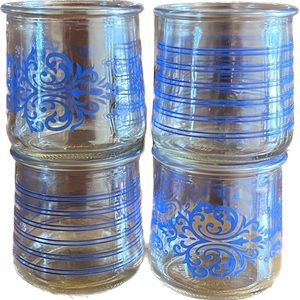 Limited Edition Blue Filigree and Pinstripe Patterns Yoplait Oui Jars Lot of 4